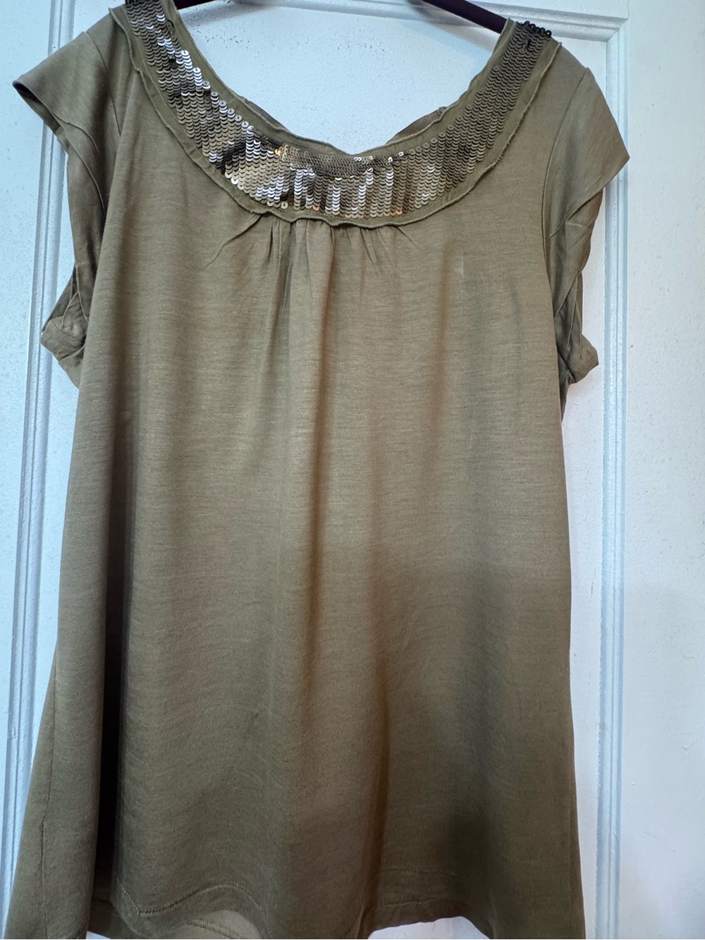 LOFT Olive Green Short-Sleeve Top with Sequin Trim